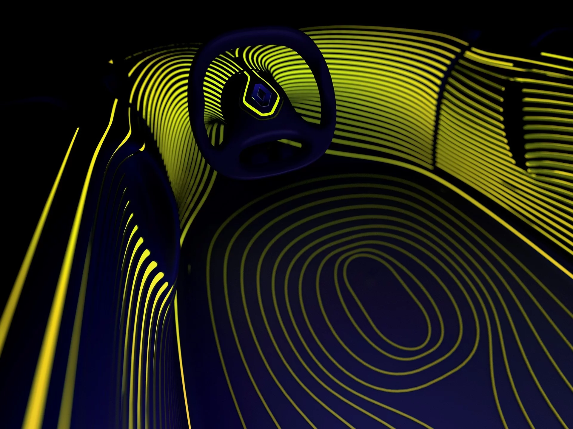 Digitized topographical map design is meant to impress the interior as a spacious, singular landscape