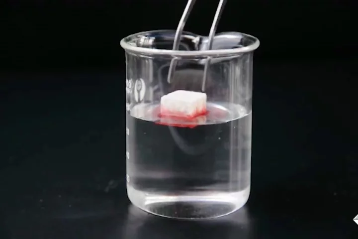 A sample of the sponge material draws red-dyed oil from a beaker of water