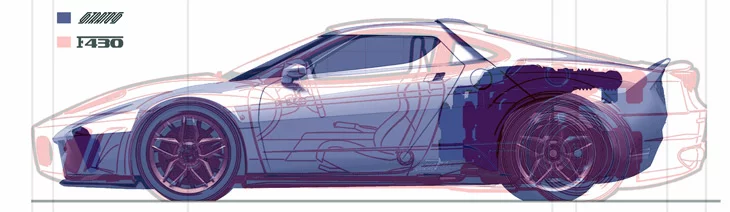 The MAT Stratos' underpinnings are based on the Ferrari 430 Scuderia. Here's a neat overlay showing the size difference between the two cars – notice the shortened wheelbase.