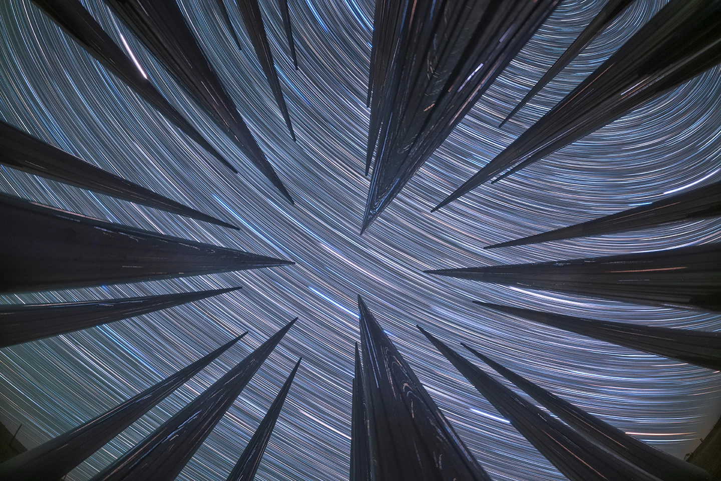Skyscapes Runner-Up: Symphony of the Night Sky © Fei Xue (China). A long exposure shot captures the tracks of stars across the sky, set against metal columns on the ground