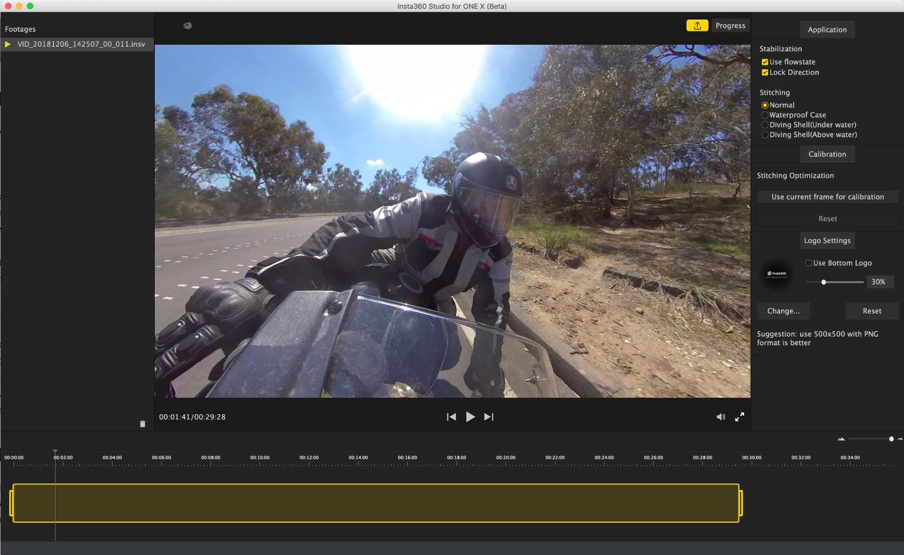The Insta360 desktop app for One X is sadly lacking in functionality - to the point where we found it literally useless. The video on screen here was long enough to constantly crash the mobile app, and we couldn't get it out of the desktop app in any kind of useful format, so we can't show it.