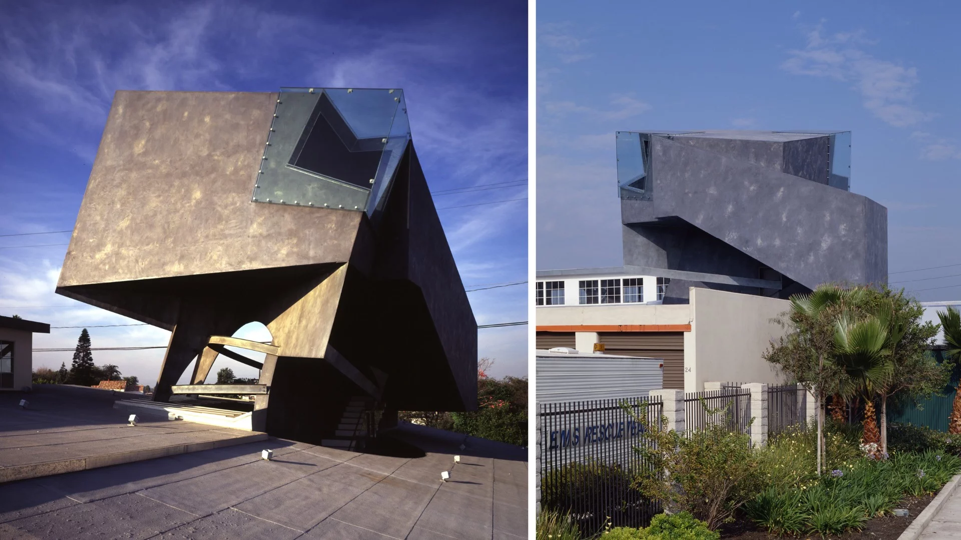 The gloriously wonky design of architect Eric Owen Moss often bulges out of or sits on top of pre-existing structures suggesting a dynamic relationship with its host building