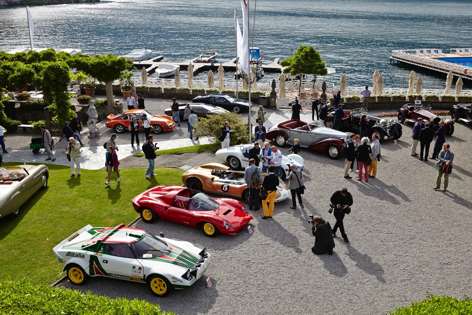 From left to right, a 1976 Lancia Stratos, a 1966 Ferrari Dino 206S, a 1964 McLaren M1-A and a 1959 Maserati 60/61 "Birdcage"