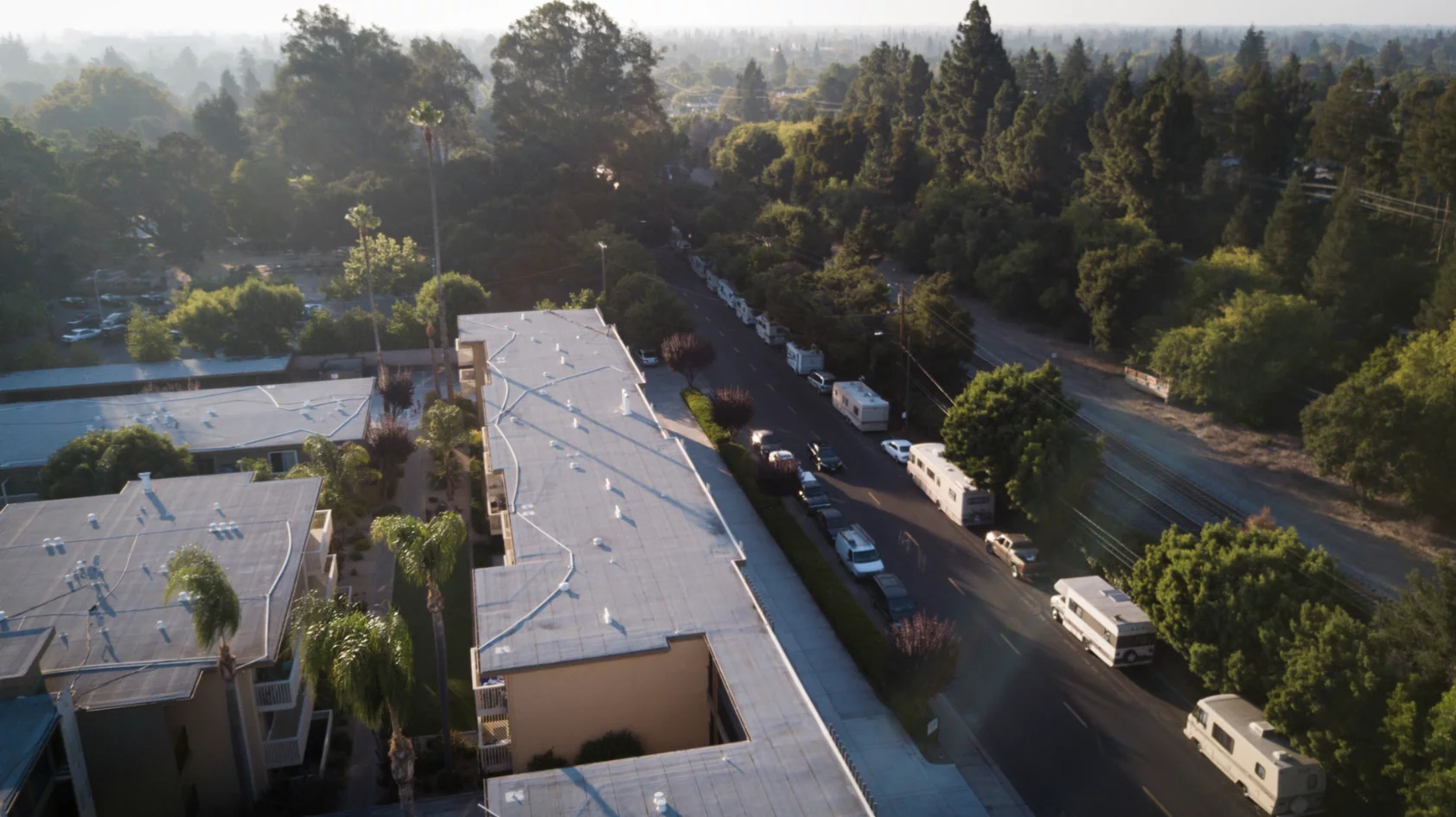 A street in Palo Alto, where RVs serve as permanent dwellings for those crowded out of the housing market by high prices