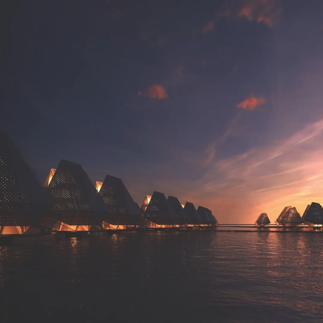 Winner of the Grand Prix in the Innovation and Architecture for the Sea category is Currents for Currents, Blue is the new green. A modular housing solution for vulnerable coastal communities featuring entirely off-grid units that harvest solar and tidal power.