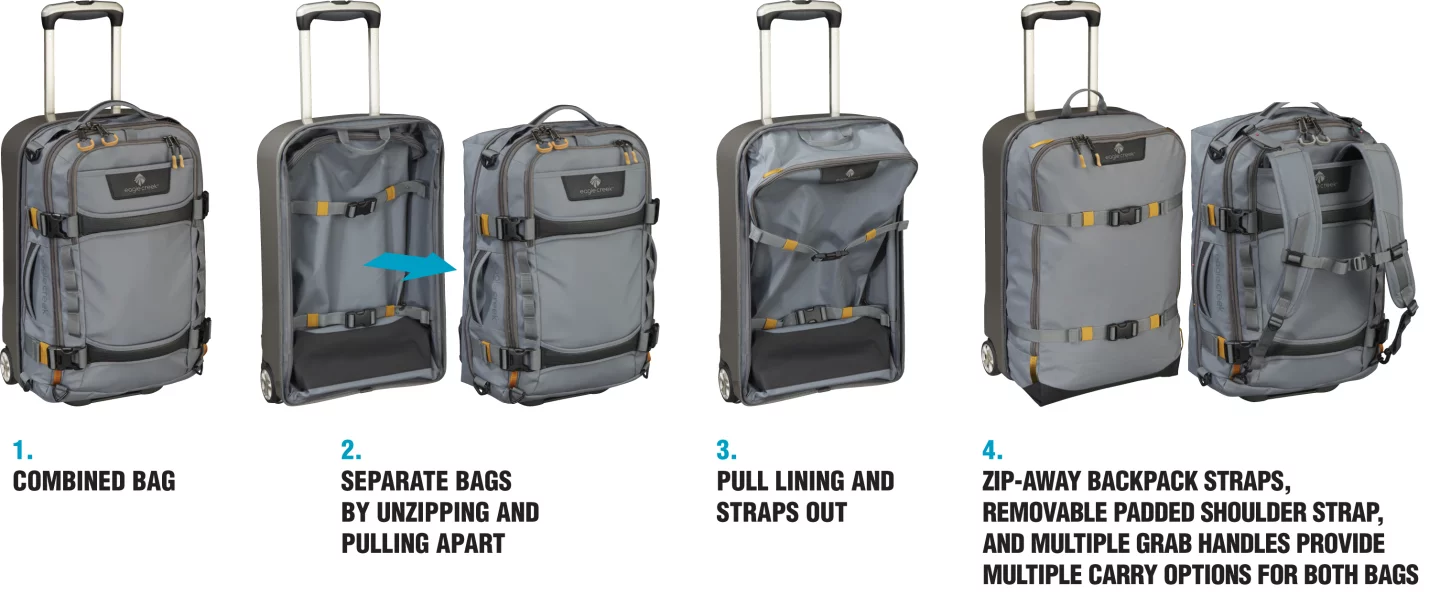 The Eagle Morphus splits into a backpack and separate roller suitcase