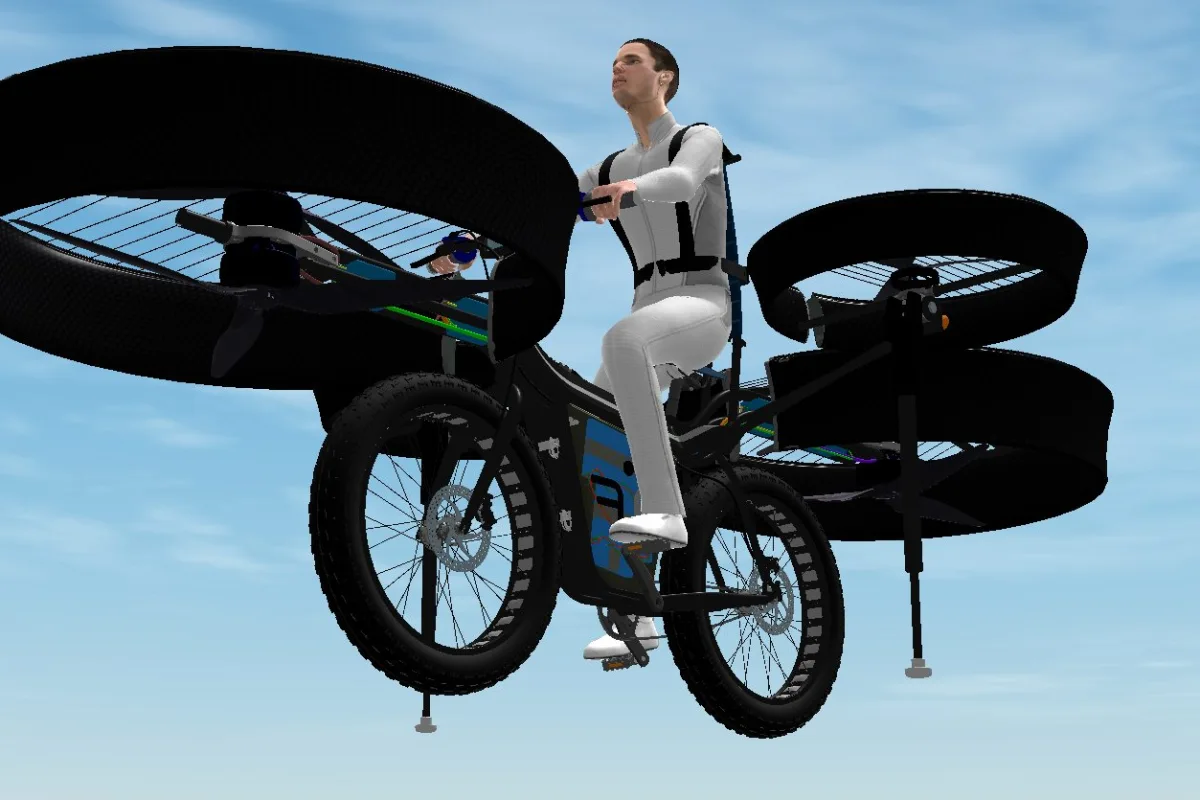 A team of enthusiasts from a number of Czech companies has designed a flying bicycle with six propellers for lift and stability, and is about to start building the FBike ahead of scheduled test flights in August