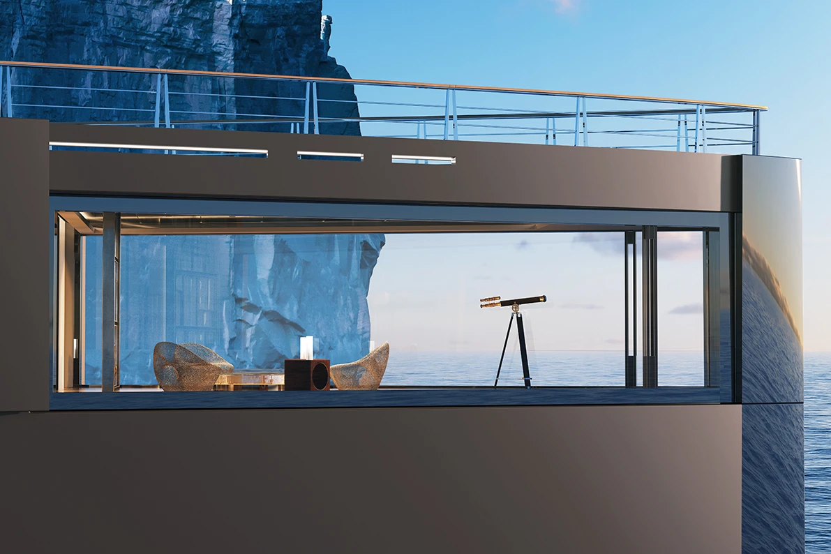 The upper deck observatory located at the bow of the yacht features impressive floor-to-ceiling windows