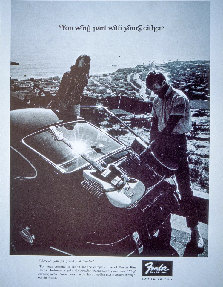 Have Jazzmaster, will travel. Yes, they’re tough guitars, but despite what this vintage ad suggests, please don't tie them to the back of your car