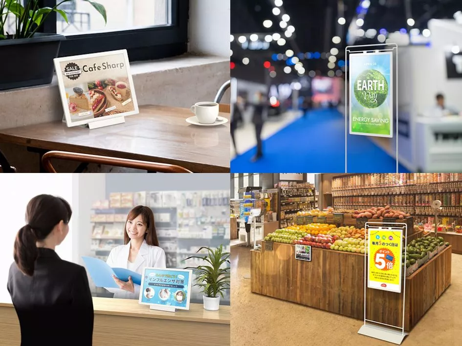 Potential applications include table displays in a cafe, notices at events and expos, signage at the pharmacy and in-store product information