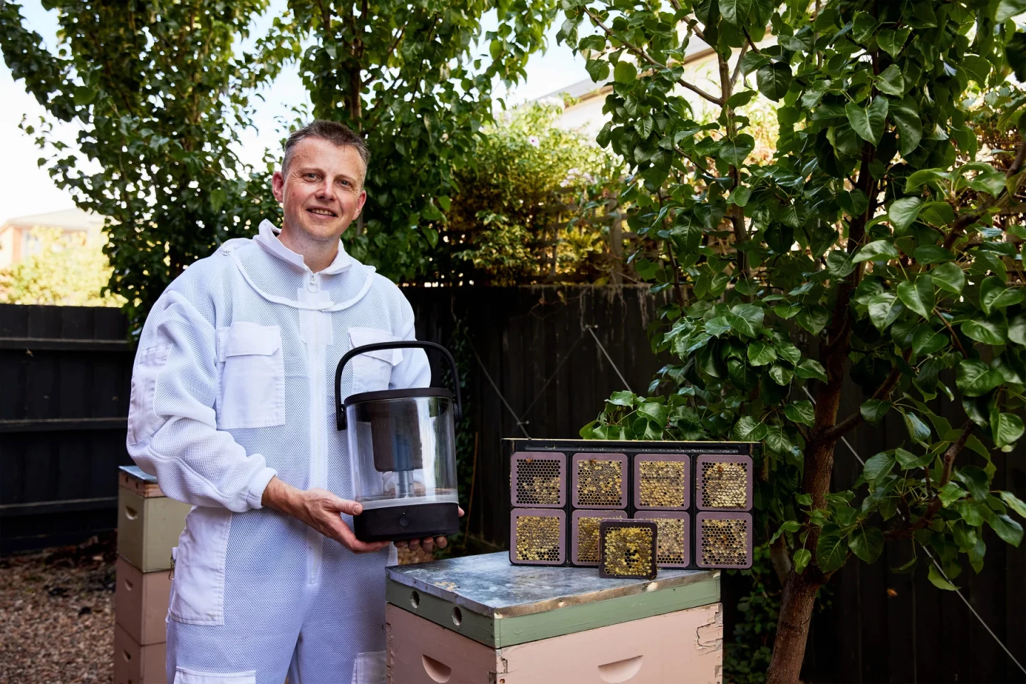 Inventor Simon Mildren with his Hivekeepers Micro Honey Harvester system