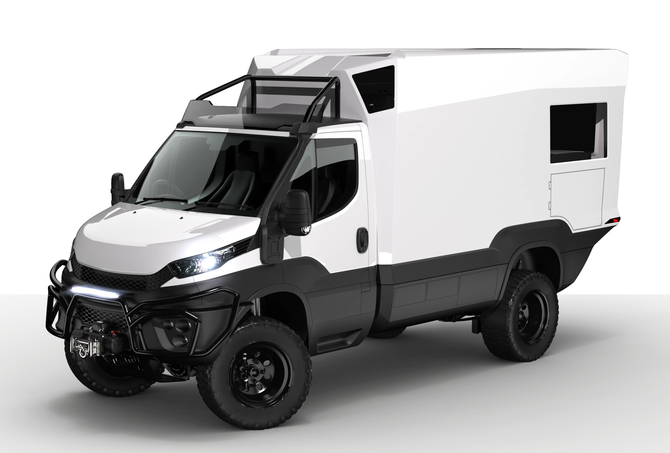 Up front, Darc adds on a custom bull bar, winch, snorkel and roof rack