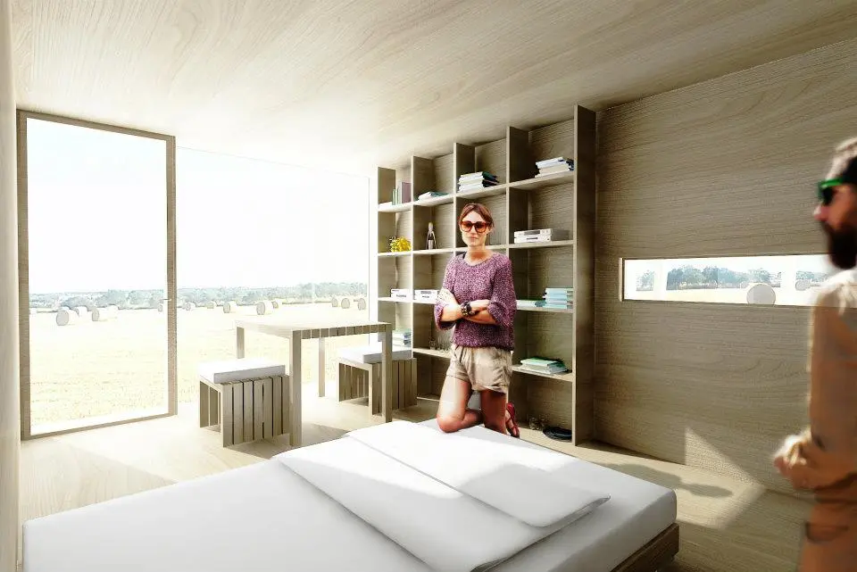 With the addition of a kitchen and bathroom, the concept could easily be transformed into a great tiny home, backyard studio or nature retreat