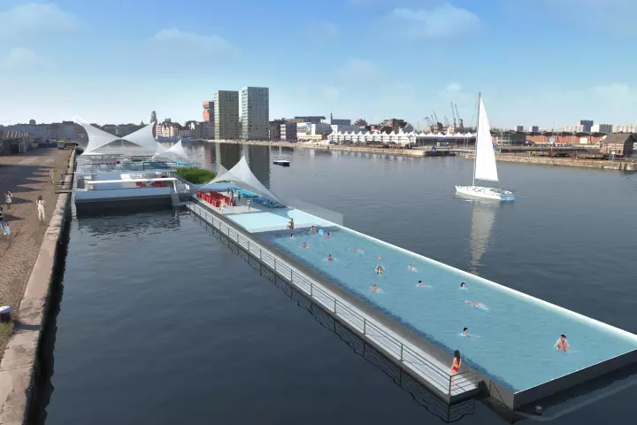 Adapted from a 1960s ferry, the 120-meter long Badboot floating lido is set to open this August in Antwerp, Belgium