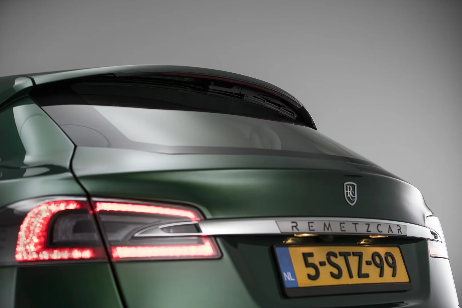 The RemetzCar Model S shooting brake's completely new tailgate, with rear spoiler, hidden wiper and brake light