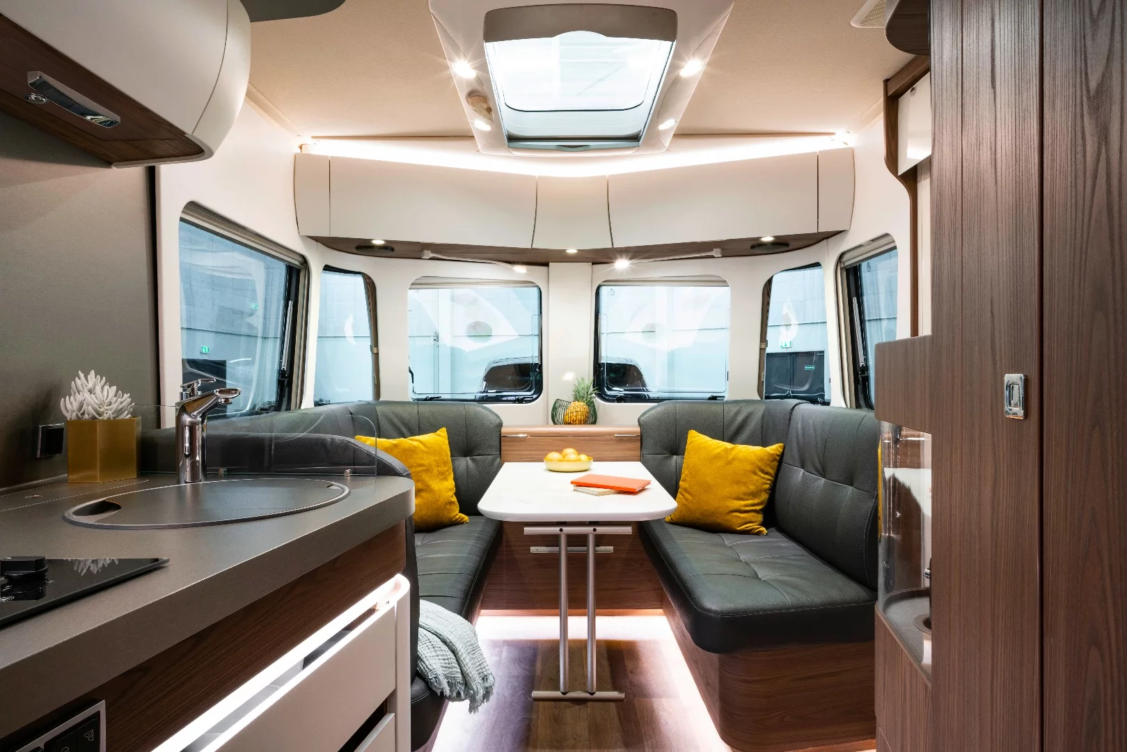 Inside the Touring 820, Eriba blends dark and light materials, finishes and trim