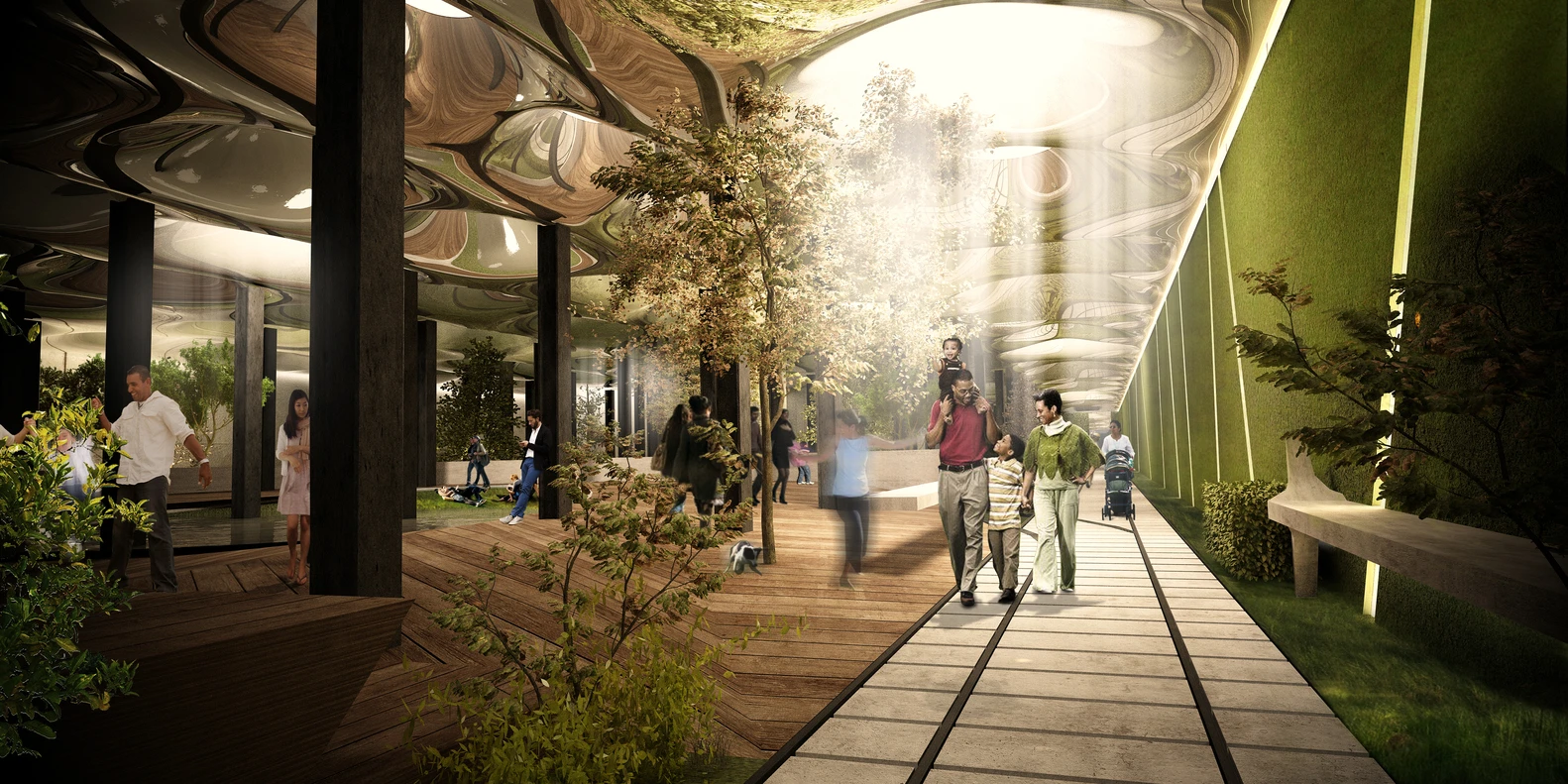The Lowline in New York City is an ambitious proposal for an underground park. Utilizing an abandoned underground space already present the design creatively uses mirrors to enhance the spread of sunlight from above