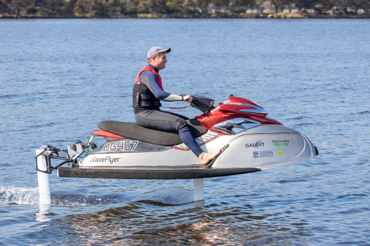 WaveFlyer electric hydrofoil jetski rises above the water