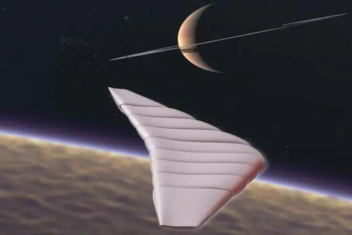 The Titan Winged Aerobot is a hybrid balloon/glider that could one day be exploring the skies of Saturn's moon, Titan