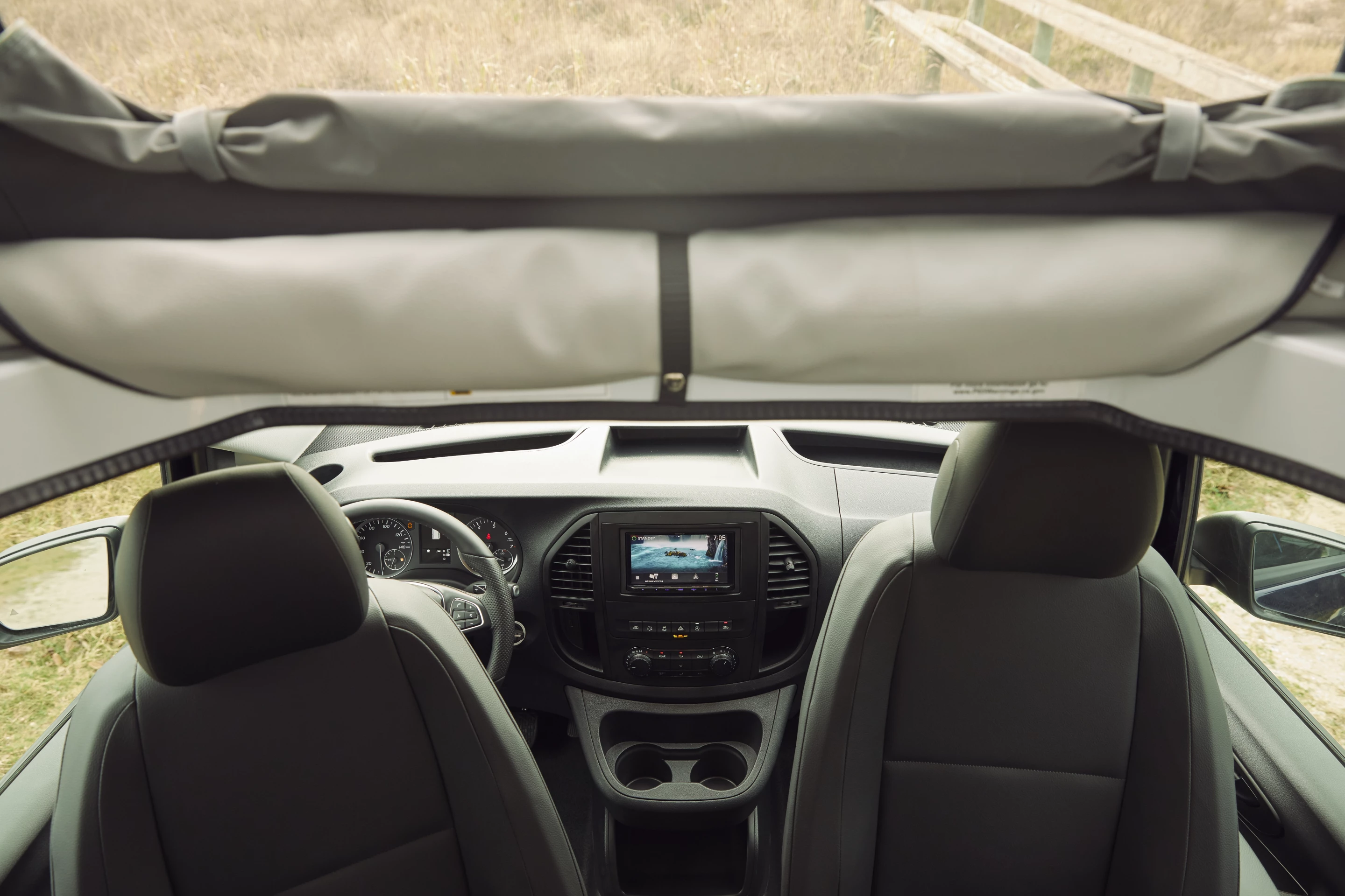 The front seats swivel to serve as part of the living area