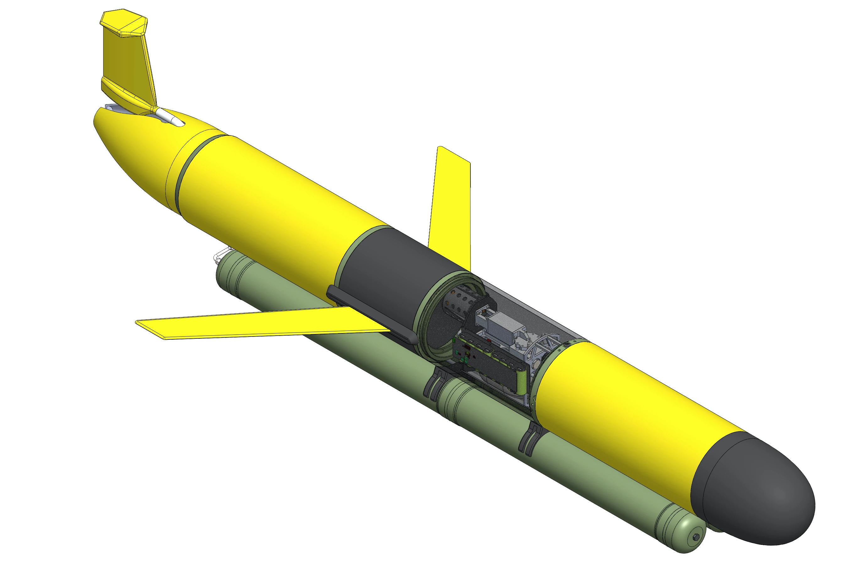 An illustration depicting the Seatrec system (green) retrofitted onto a third-party underwater glider