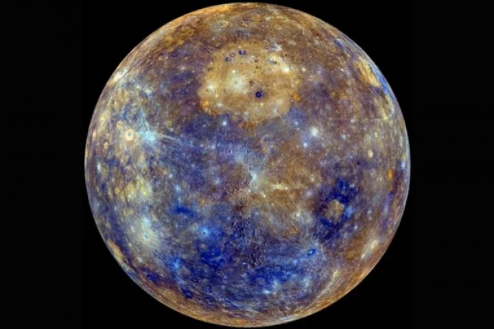 The tan colored region in the upper section of this color map of Mercury represents a region that experienced effusive volcanism in the ancient past