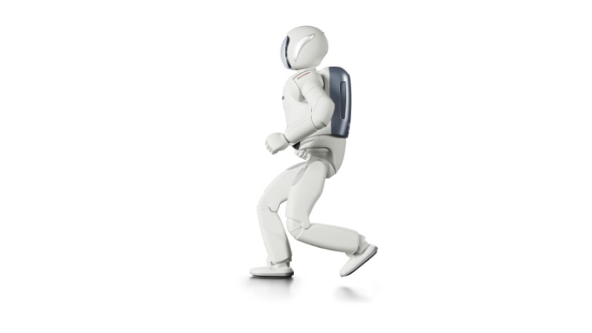 ASIMO can now run at up to 5.6 mph (9 km/h) – 1.8 mph (2.9 km/h) faster than previously – and can run backwards, jump, and hop on one leg continuously