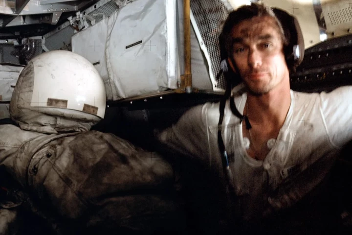Apollo 17 Mission Commander Gene Cernan covered in lunar dust