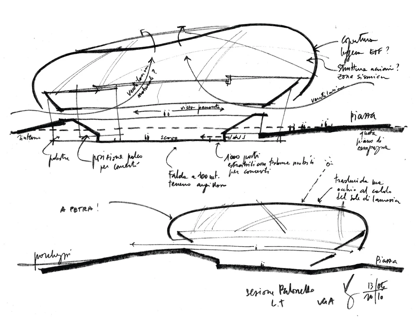 The arena's form is described by Vittorio Grassi Architetto & Partners as being "liquid and asymmetrical," as well as reminiscent of a local shoreline rock