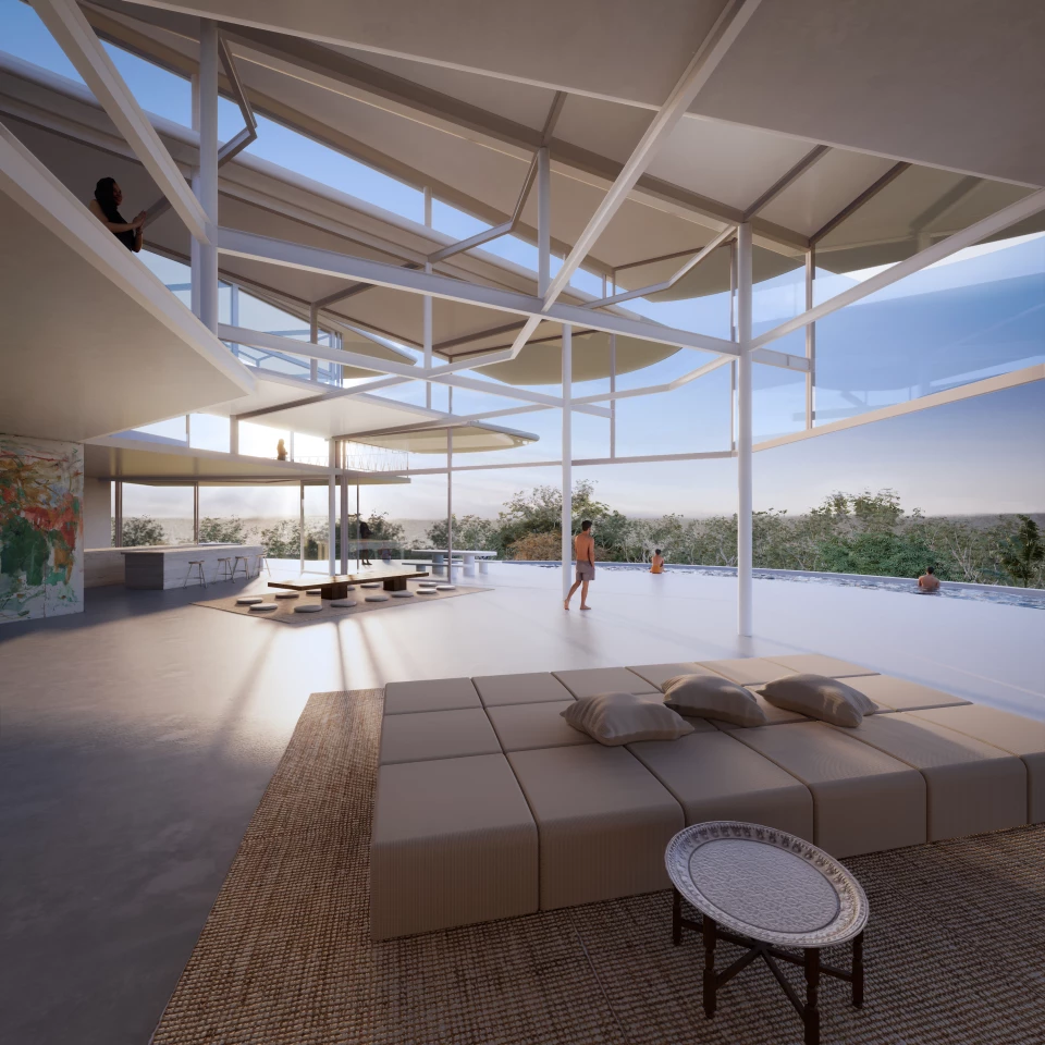 N2 Private House will feature an open and airy interior layout, with semi-outdoor areas that are sheltered by the large wing-like roof