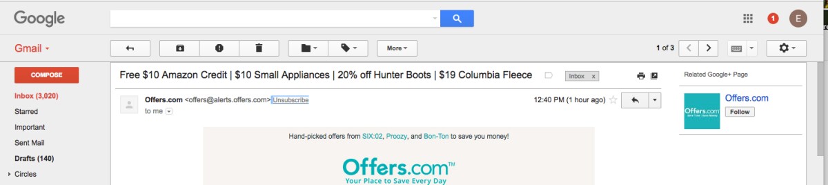 "Unsubscribe" is at the top of the message, just next to the sender
