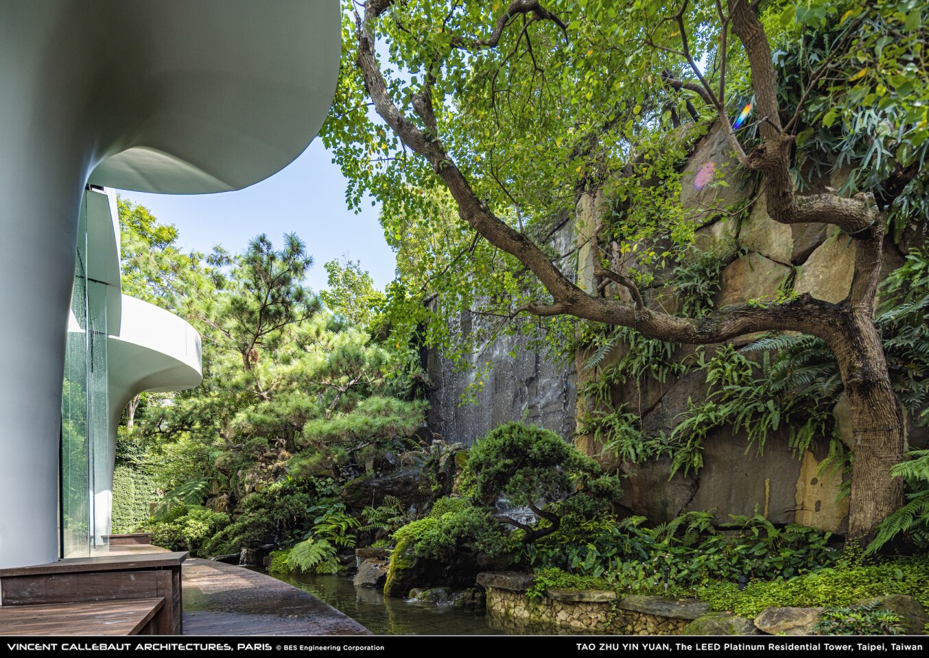 Tao Zhu Yin Yuan's extensive landscaping includes natural waterfalls on the site