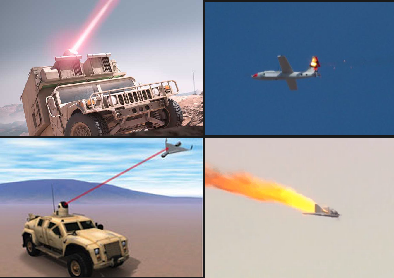 High-energy laser on a Humvee (top left), Drone target engaged by the ATHENA (top right), US Marine Corps vehicle with laser (bottom left), Drone being shot down by LAWS (bottom right)