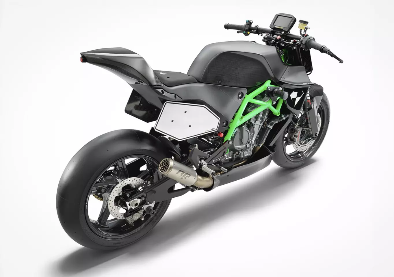 The bike features titanium mufflers connected to stainless steel exhaust headers