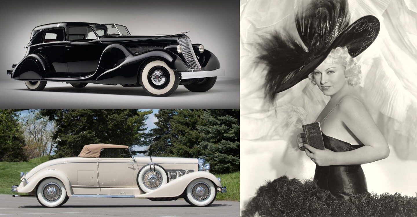 At top left above is a 1935 Duesenberg Model SJ Town Car by Bohman & Schwartz originally created by J. Herbert Newport (who also styled the SSJ) for Mae West in 1934. The actress declined the design and it was finally built for Ethel V. Mars, who announced her appointment as CEO of the Mars Candy Company by purchasing the car on a factory-supercharged, 320 hp SJ chassis. Instead of the rather sedate town car, West opted for the Bohman & Schwartz-bodied 1934 Duesenberg J-370 convertible coupe at bottom left above.