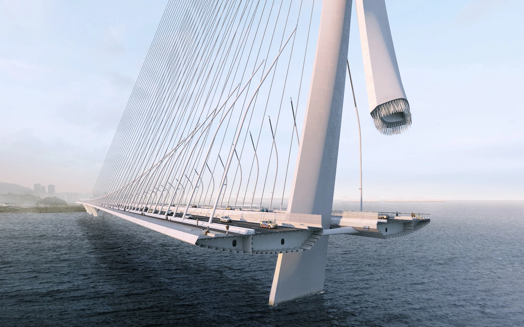 The Danjiang Bridge will span 450 m (1,476 ft) to the west of the single mast and 175 m (574 ft) to its east