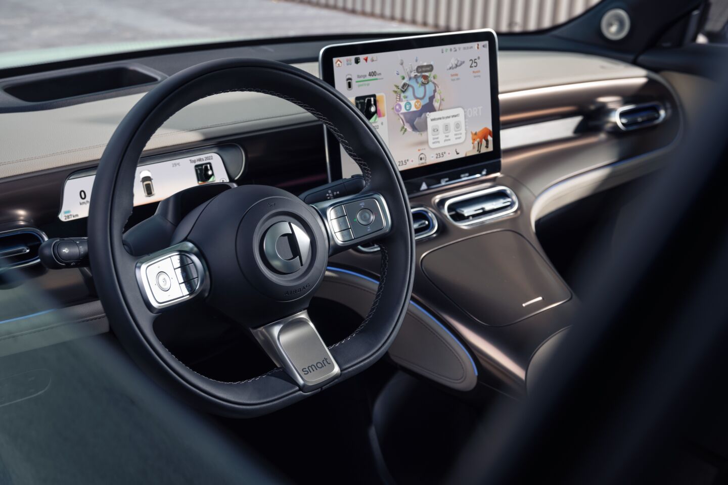 A 12.8-inch Full HD infotainment display sits at the top of the floating center console