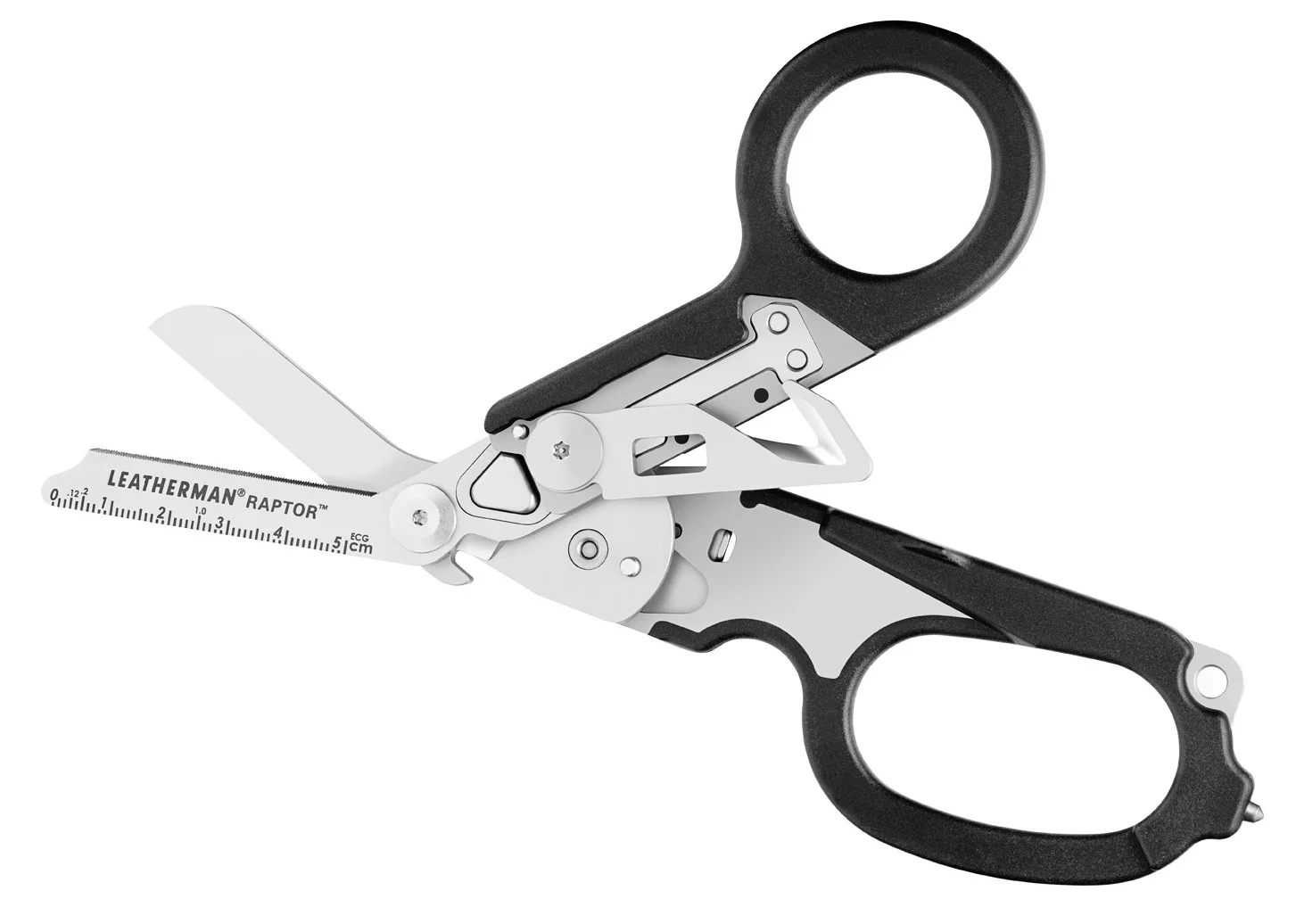 The Raptor contains a strap cutter, oxygen tank wrench, 5 centimeter ruler, ring cutter, and carbide-tip glass breaker
