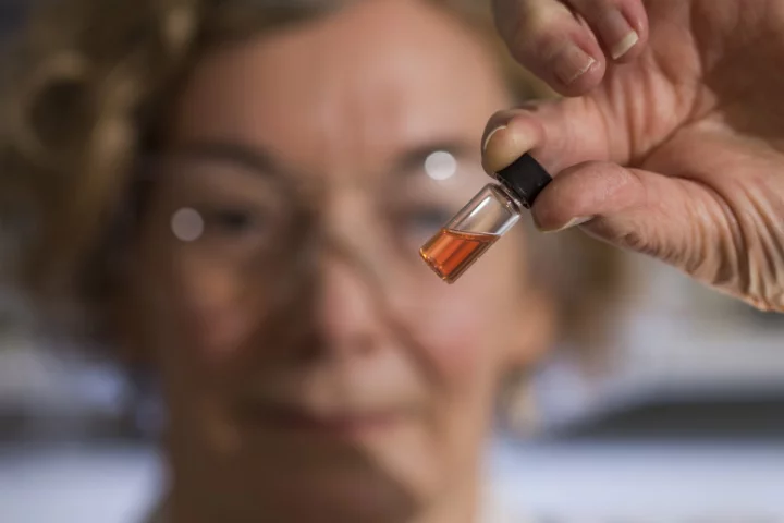 A vial of the pink compounds, which at 1.1 billion years old, represent the oldest intact "colors" in the fossil record