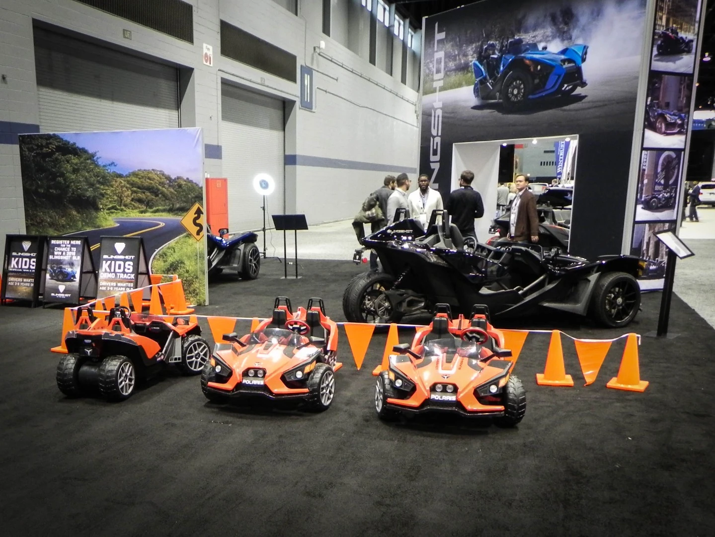 Polaris Slingshot unveiled a new vehicle, but not before showing off a cool kids' retreat at the Chicago Auto Show where little ones can drive tiny little three-wheelers
