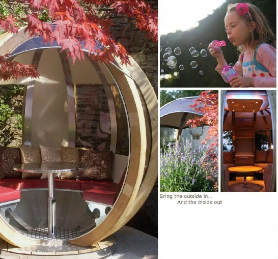 The G-POD series features rotating or fixed spheres that create a practical outdoor living addition