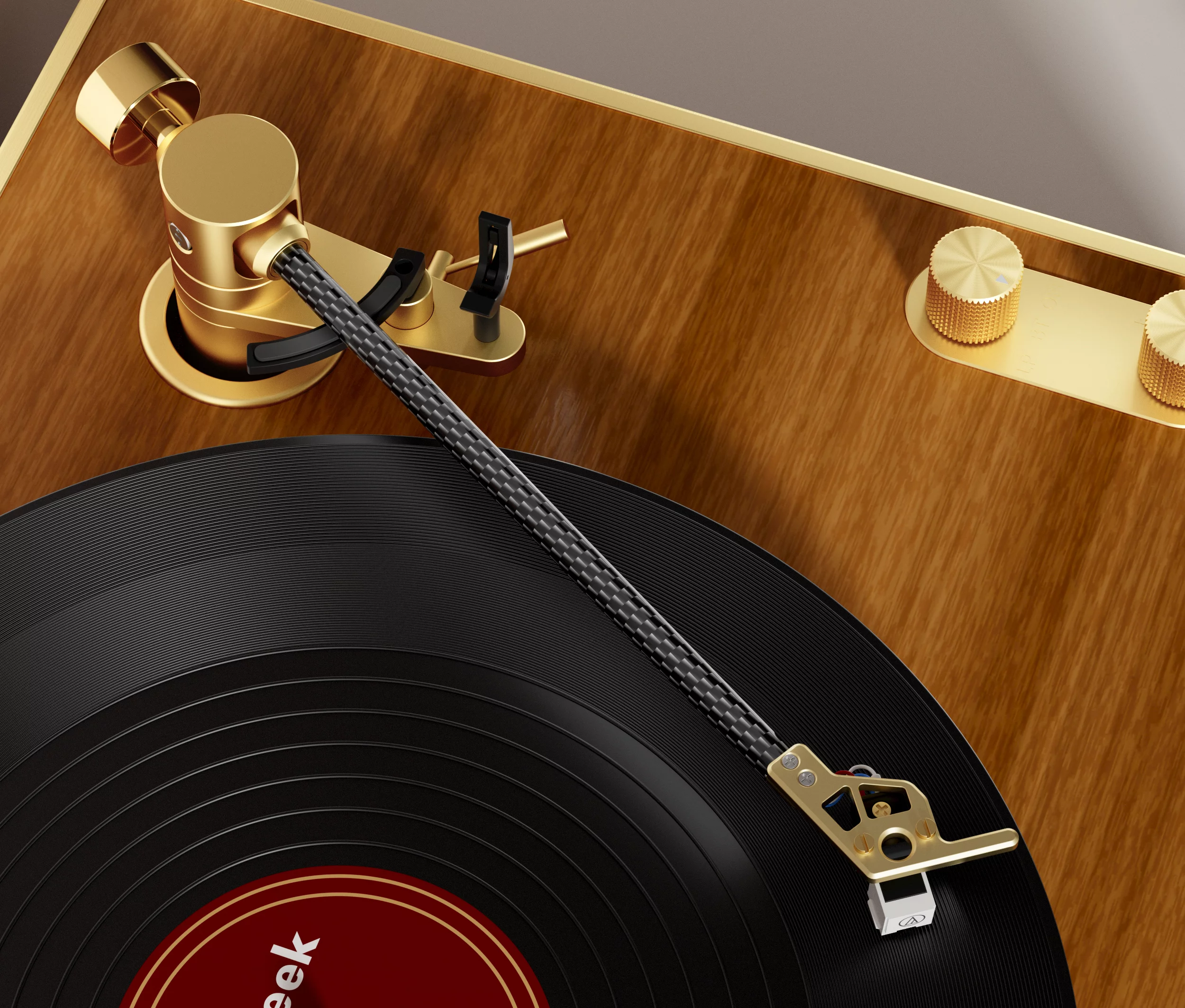 The CS-01 turntable comes with a carbon fiber tonearm with adjustable tracking force and an Audio Technica cartridge