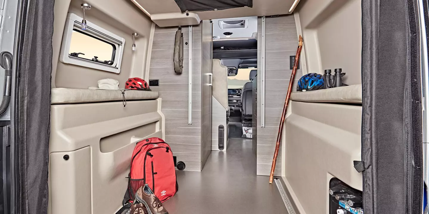 An open gear garage courtesy of the lifting bed