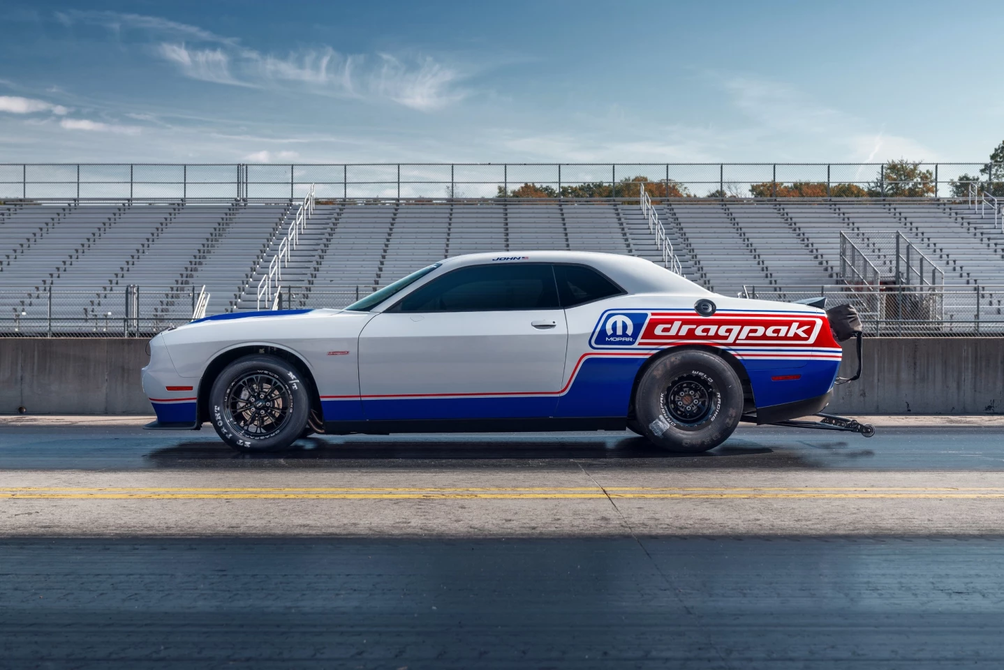 The 2020 Mopar Dodge Challenger Drag Pak is powered by the supercharged 354-cubic-inch HEMI V-8 engine