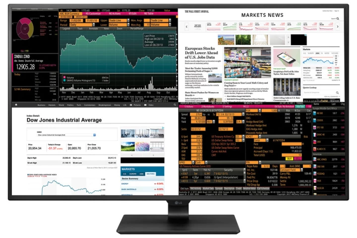The LG 43UD79-B monitor can display images from up to four sources at once in a variety of configurations