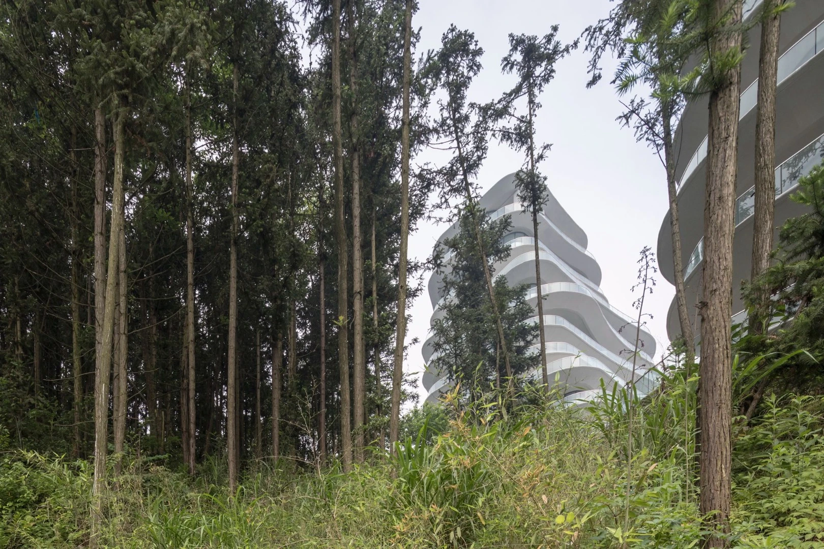 The Huangshan Mountain Village's shape is informed by tea fields and no two buildings are identical