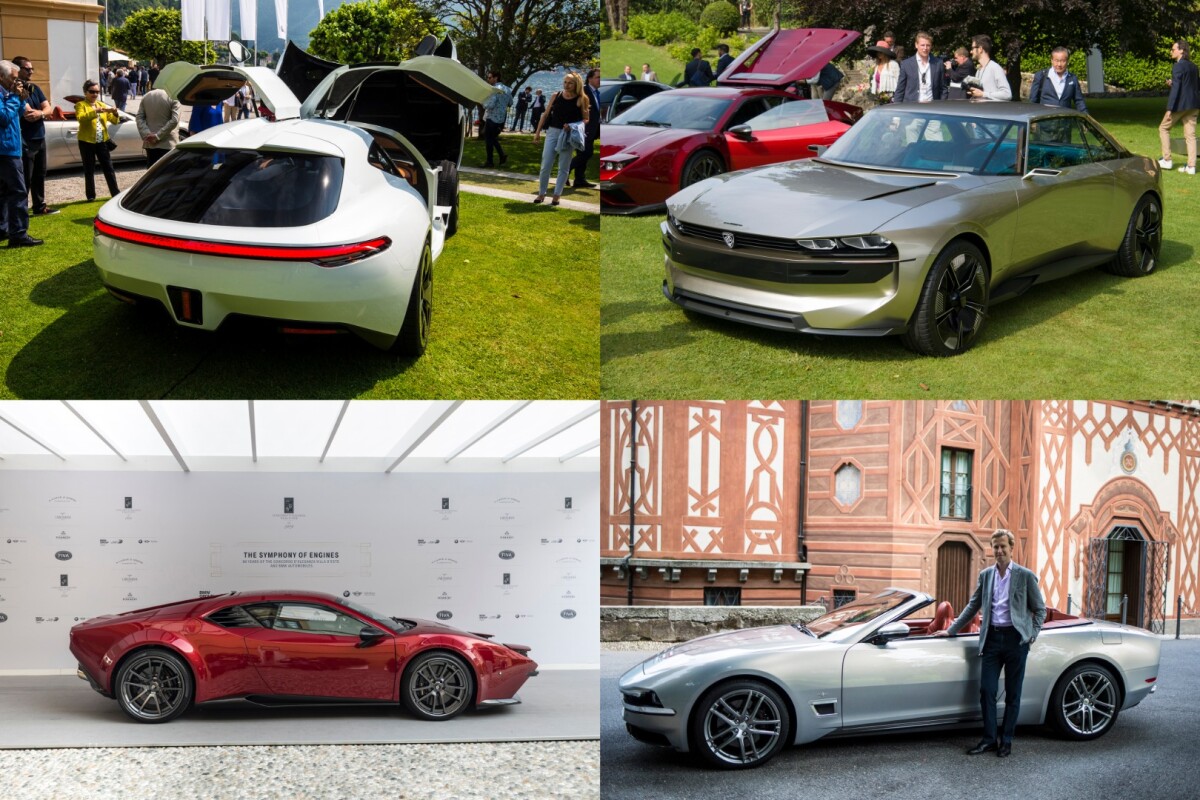 The 2019 Concept Cars & Prototypes category at Concorso d’Eleganza Villa d’Este 2019 was probably the toughest field of the entire event: from top left clockwise, the gull-winged 2019 Austro Daimler Bergmeister ADR 630 Shooting Grand, the 2018 Peugeot E-Legend Concept, the 2019 Touring Sciàdipersia Cabriolet and the 2018 Panther ProgettoUno.