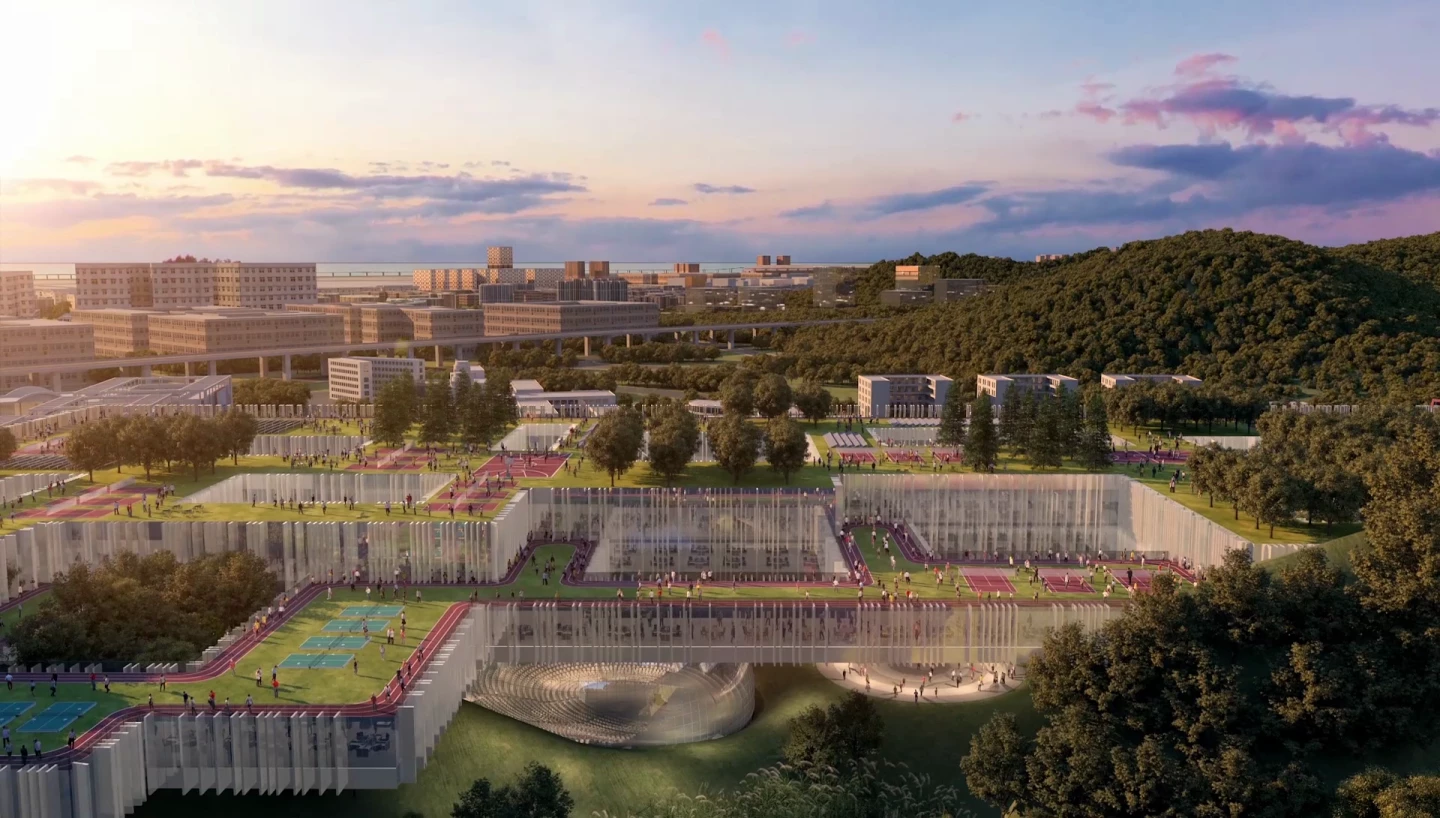 The Shenzhen Institute of Design will be topped by a massive green roof that includes gardens, walkways, and sports areas