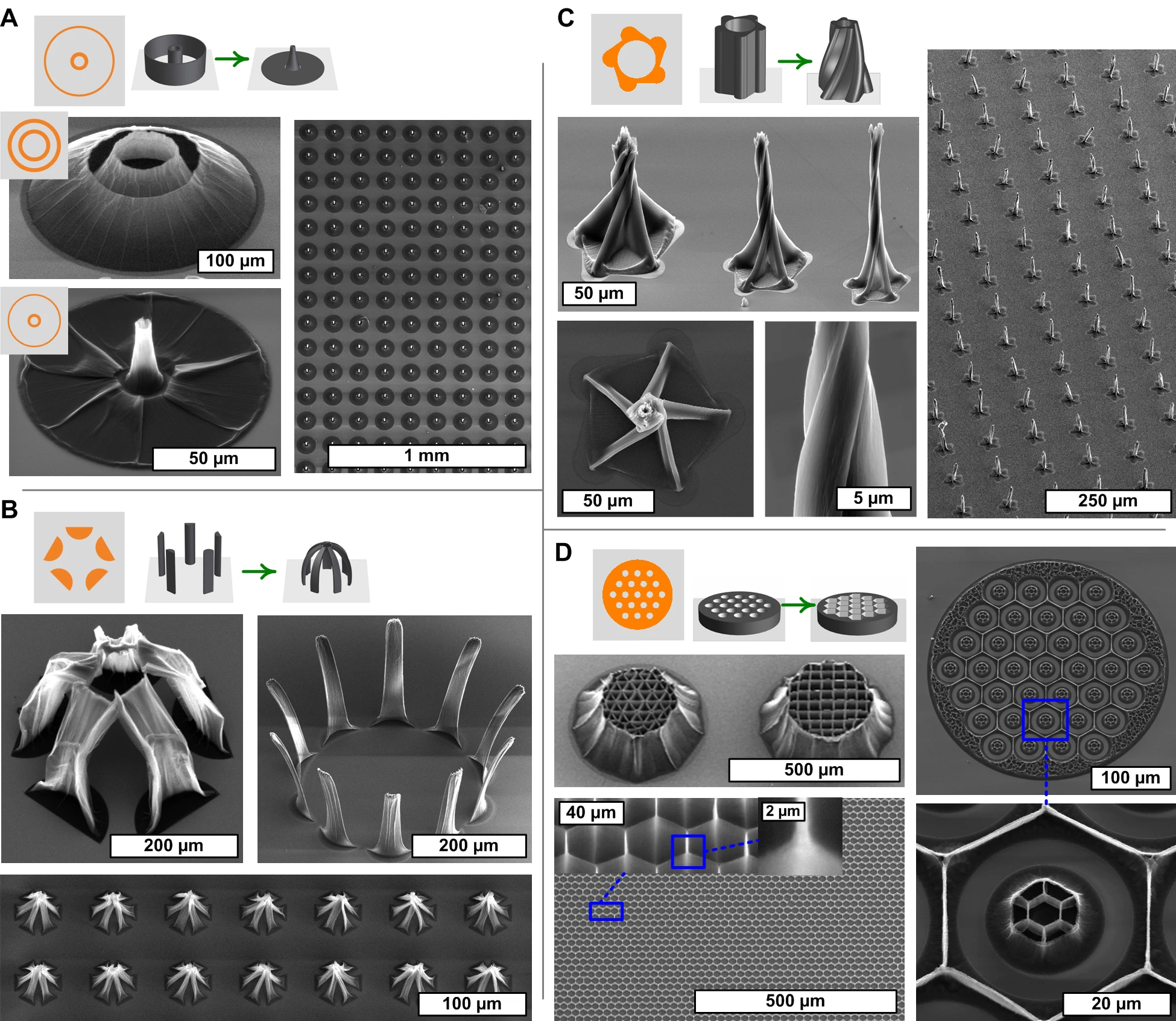 Examples of the 3D nanotube structures created by capillary forming (Photo: A. John Hart)