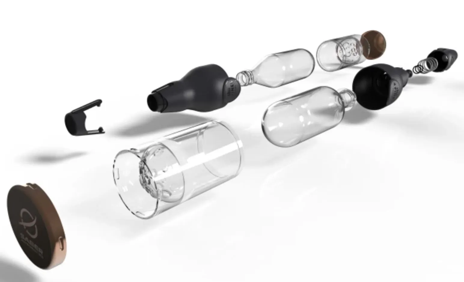 Exploded view of a space beer bottle prototype